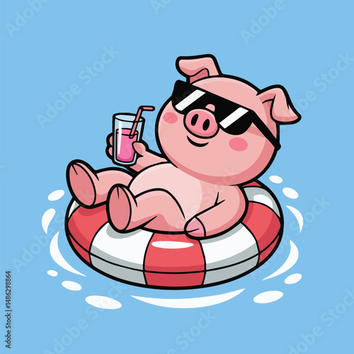 Cute chibi-style pink pig lounging on a red and white inner tube, wearing black sunglasses and holding pink punch, floating on water with a light blue background.