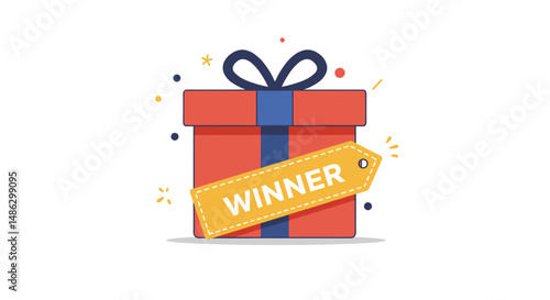 Gift box with winner tag and colorful confetti design  