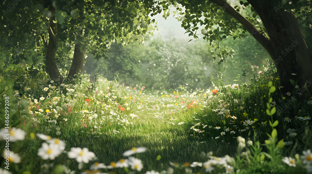 Obraz premium Lush green forest scene with sunlight filtering through trees and flowers.
