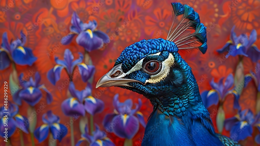 Obraz premium Vibrant Peacock Portrait Against Iris Flower Background
