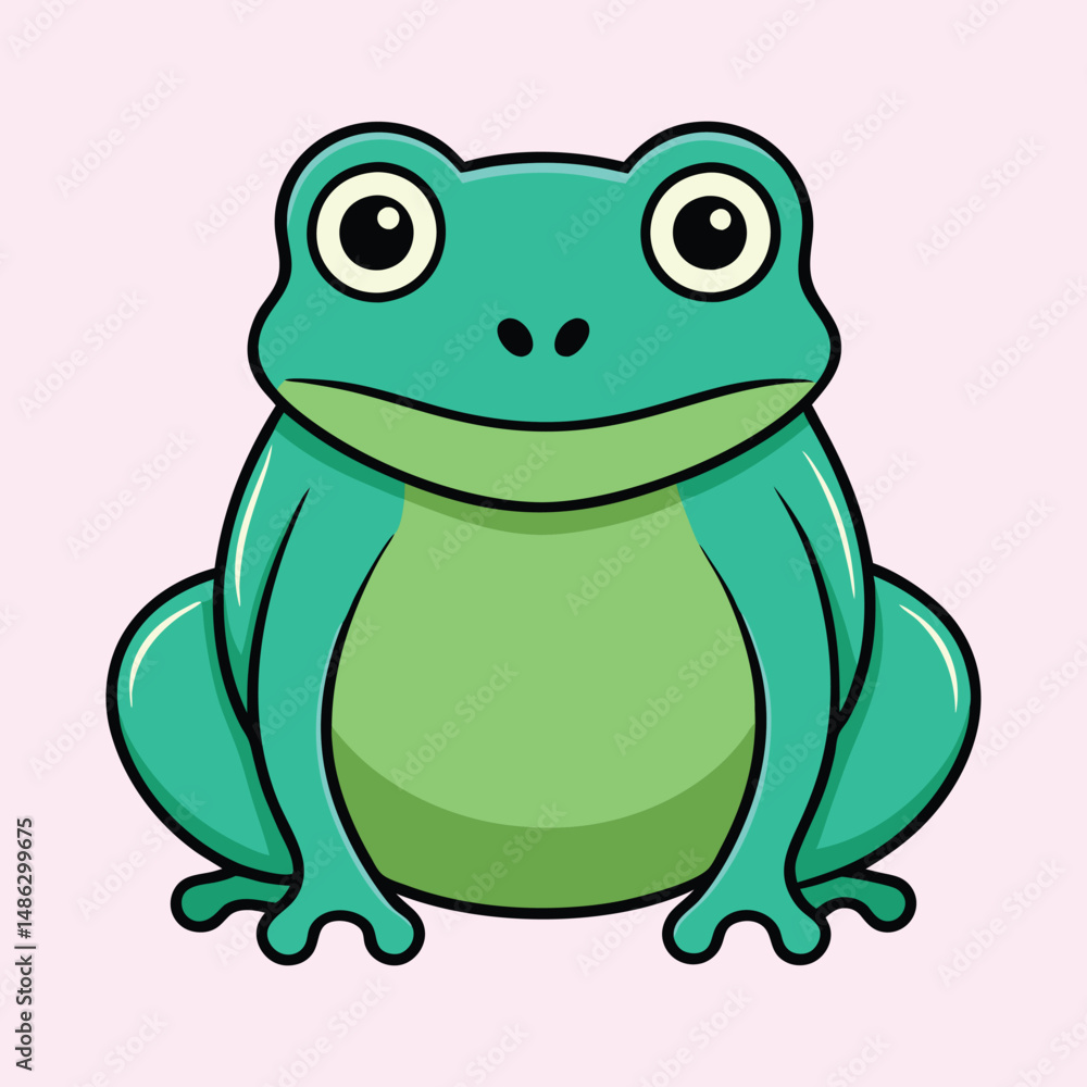 Cartoon illustration of a green frog sitting with a light pink background Cartoon illustration of a green frog sitting with a light pink background