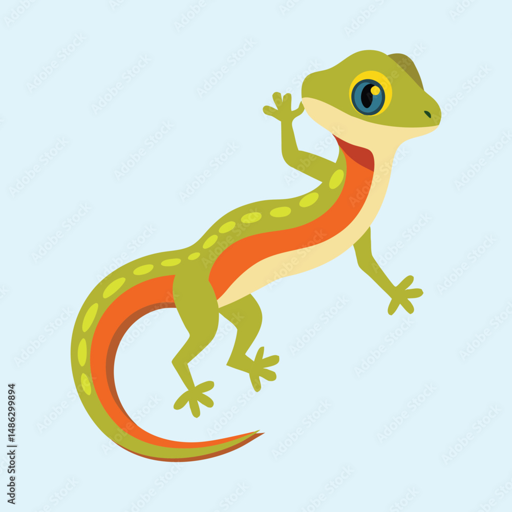 Fototapeta premium A cute cartoon vector lizard climbing on a light blue background