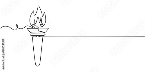One line continuous torch. Line art torch isolated on white background. Hand drawn vector art, Olympic torch drawn in one continuous line. One line drawing, minimalism. Vector illustration, Continuous