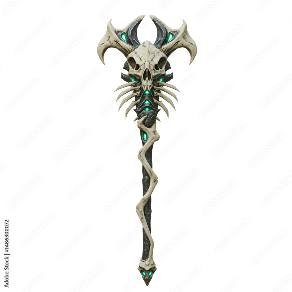 Fantasy skull staff with bone spikes and glowing gems Fantasy skull staff with bone spikes and glowing gems