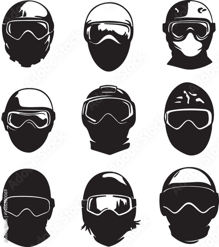 Vector Illustration: Ski Masks, Goggles, Winter Sport Headgear Set