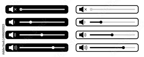 Set of audio volume slider icons in black and white styles. Mute, low, medium, and high sound levels. Flat UI elements for media player interface, app, or web design. Isolated vector illustration.