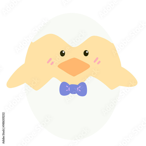 Cute yellow chick with cracked easter egg.