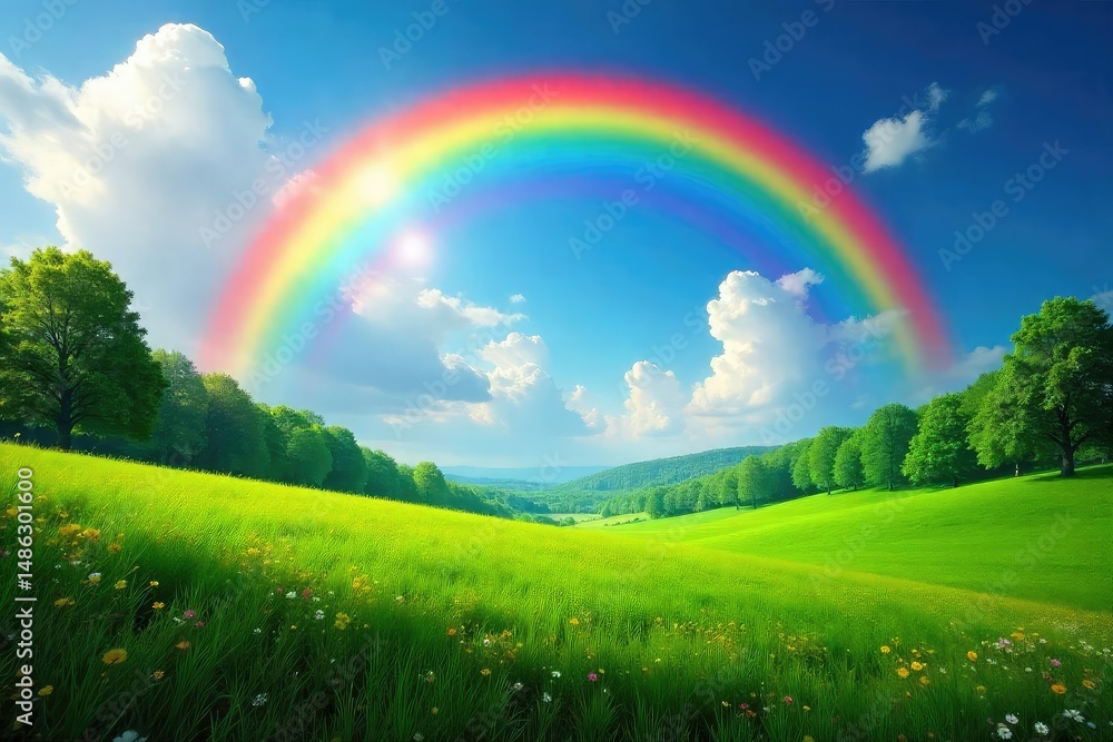 Vibrant rainbow arching over a lush green landscape , environment, panoramic, green Vibrant rainbow arching over a lush green landscape , environment, panoramic, green