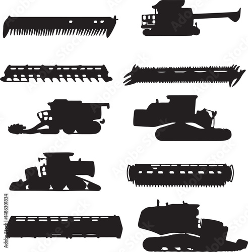 Black Silhouette of Combine Harvesters and Header Attachments Vector