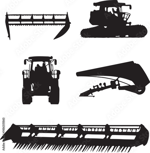 Silhouette of Farm Equipment: Tractors, Harvesters, and Combines