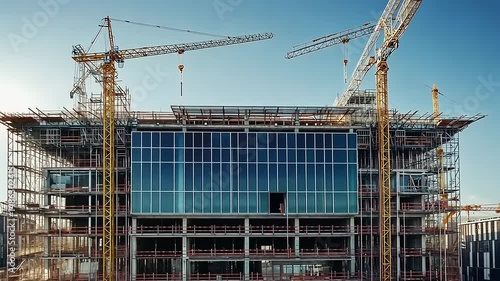 Wallpaper Mural Modern construction site showcasing a glass building with cranes against a clear blue sky Torontodigital.ca