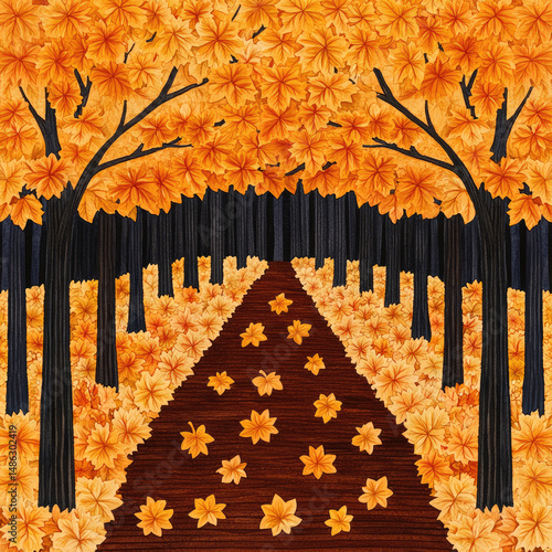 Symmetrical illustration of a forest path covered in golden autumn maple leaves between dark tree trunks.