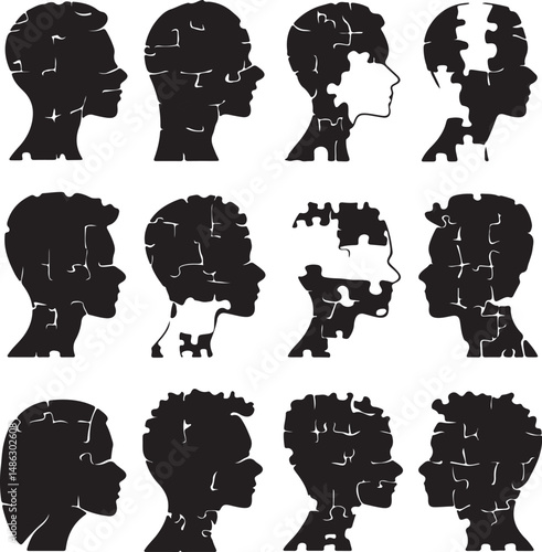 Puzzle Head Silhouettes: Mental Health, Autism Awareness Vector Art