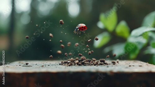 Red ladybug taking off from a wooden surface, scattering tiny soil particles in mid-air against a soft green bokeh background.