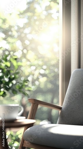 Grey armchair and a cup of coffee on a wooden side table next to a window with bright morning sunlight.