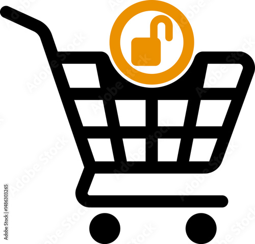 Shopping cart icon with an open padlock over trolley symbolizing unlocked or accessible cart in ecommerce.