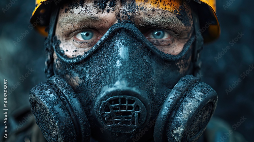 Coal miner�s breathing mask covered in black dust, a stark reminder of the health risks in coal mining. Coal miner�s breathing mask covered in black dust, a stark reminder of the health risks in coal mining.