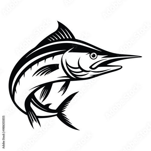 Striking Black & White Marlin Silhouette, Dynamic Pose, Sharp Outline, Nautical