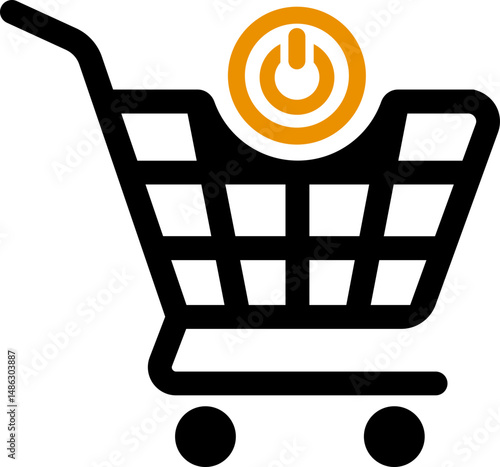 Shopping cart icon with power button symbol over trolley indicating activation or enabling of ecommerce process.