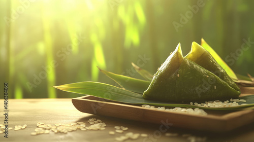 Traditional Chinese zongzi rice dumplings wrapped in bamboo leaves sit on a wooden tray under warm morning sunlight during the Dragon Boat Festival.