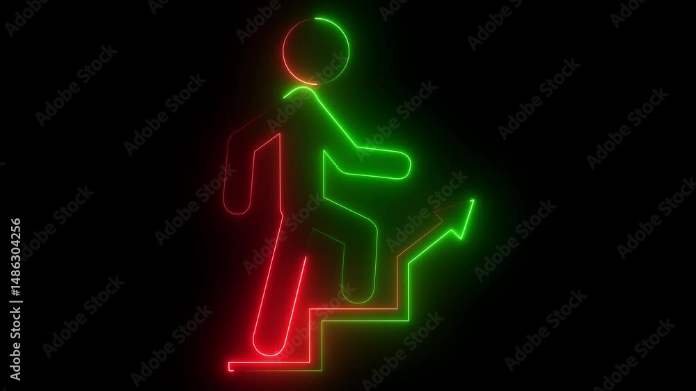 Neon ascending stairs symbol demonstrating progress animated on black background and achievement, business and growth concept Neon ascending stairs symbol demonstrating progress animated on black background and achievement, business and growth concept