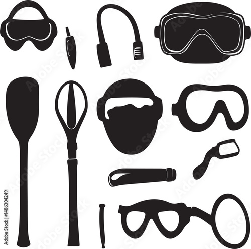 Black Silhouette Safety Gear Collection: Goggles, Ear Muffs, Tools