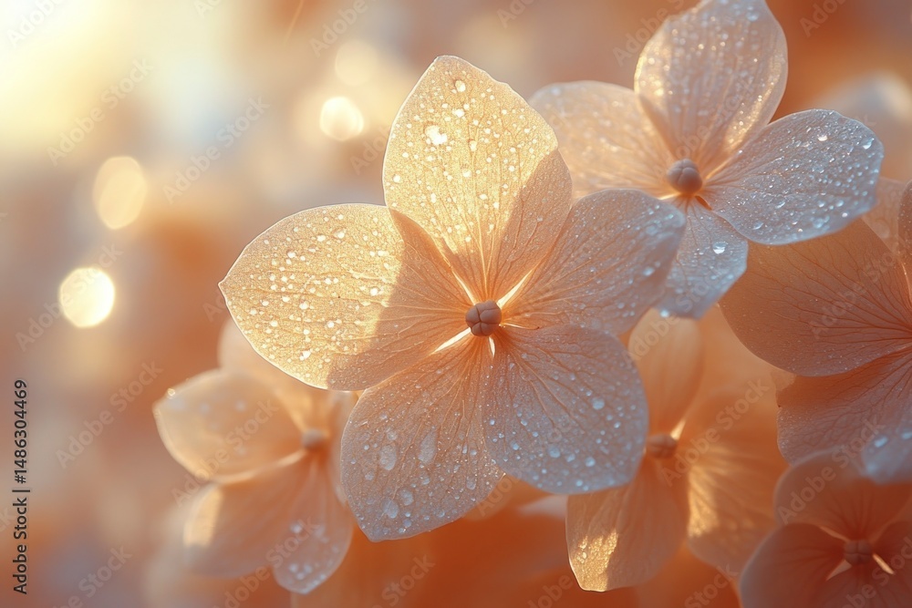 Fototapeta premium Peach blooms, soft light, water droplets abound
