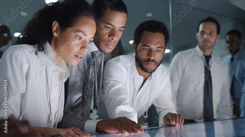 Diverse business professionals analyze data on a glowing interactive screen in a modern office at night.