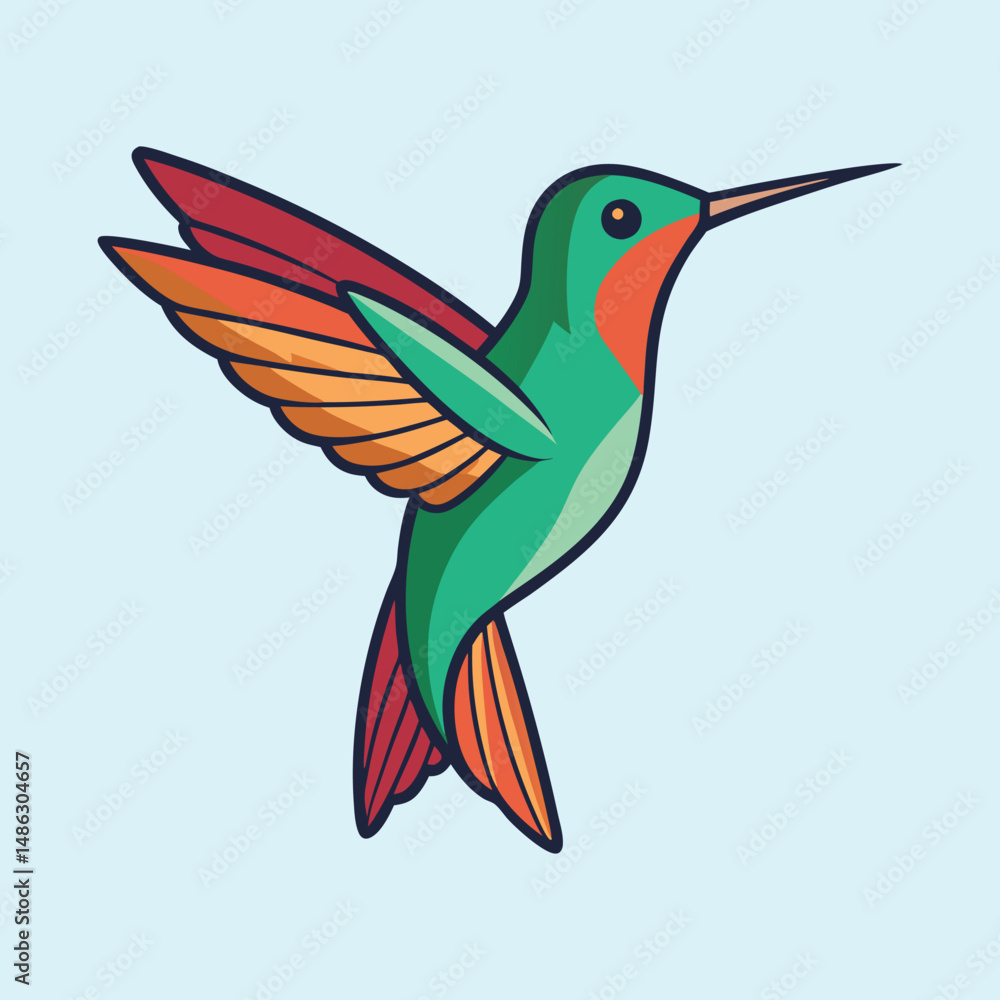 Vibrant Hummingbird Illustration with Bold Outlines and Colorful Feather Detail Vibrant Hummingbird Illustration with Bold Outlines and Colorful Feather Detail