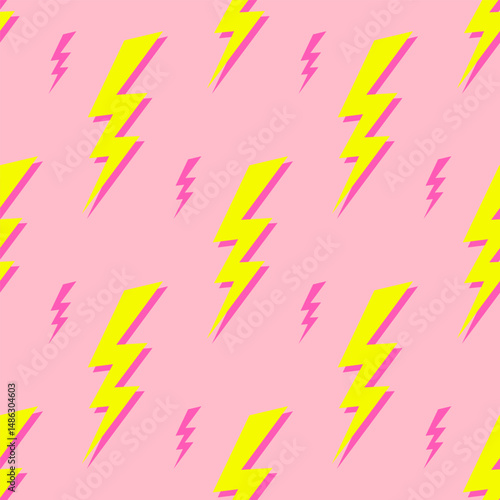 Lightning colorful seamless pattern on a pink background. Flat style design. Vector illustration for web and print.