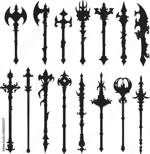 Fantasy Weapon Silhouettes: Axe, Mace, Staff, Gothic Style Design