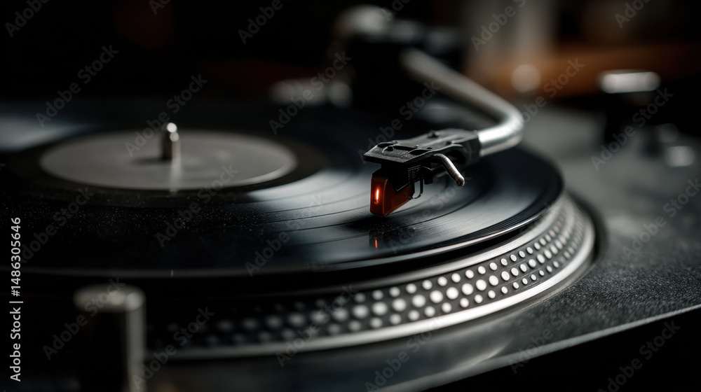 Discovering the warmth of analog sound through a spinning vinyl record under soft ambient lighting Discovering the warmth of analog sound through a spinning vinyl record under soft ambient lighting