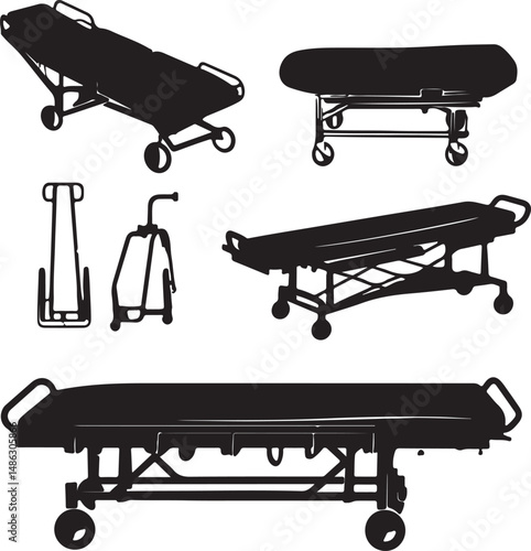 Silhouette Illustrations of Medical Stretchers and Hospital Beds