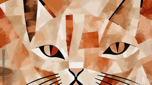 Abstract Cat Portrait - Geometric Art Illustration of a Feline Face with Warm Brown Tones - Modern Artistic Cat Painting for Home Decor - Contemporary Art