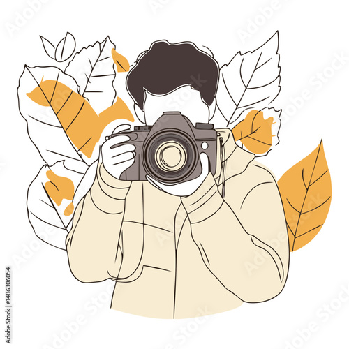 Male Photographer with Camera and Autumn Leaves – Warm Line and Color Vector for Blog Headers, Editorials, and Nature Photography Branding
