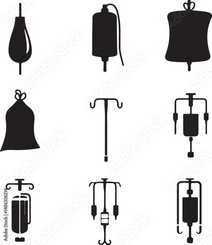 Medical IV Drip Bag Silhouettes: Healthcare Infusion Icons Set