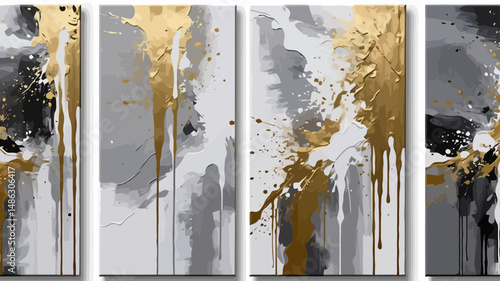 Abstract Wall Art Set - Gold-Accented Gray and White Painting - Modern Home Decor for Living Room or Bedroom - Contemporary Art Prints Set 