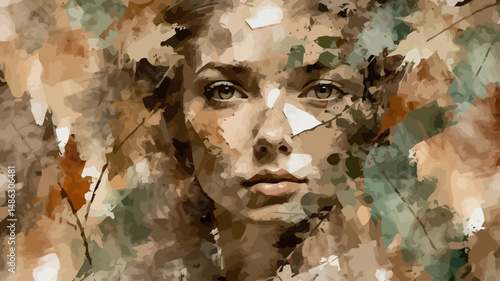 Abstract Woman Portrait Painting - Beautiful Female Face with Artistic Watercolor Texture - Modern Art Print for Home Decor - Earth Tones & Expressive Style