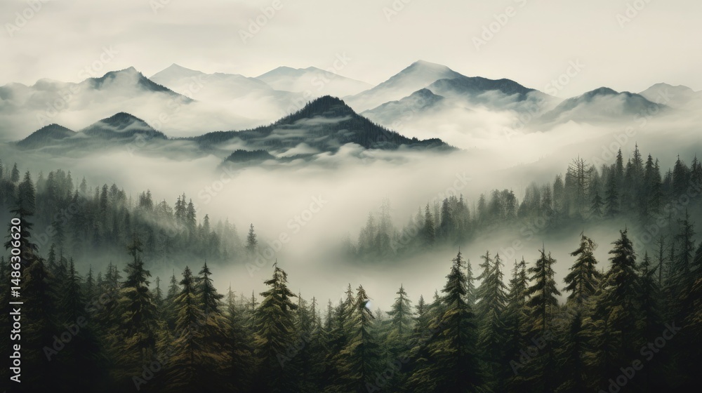 Obraz premium Beautiful mountain landscape with coniferous forest in the fog.