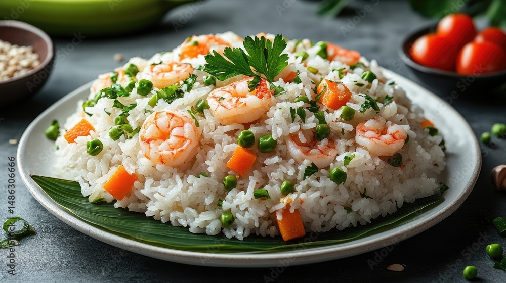 Delicious dish of shrimp and vegetable rice. Delicious dish of shrimp and vegetable rice.