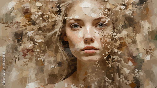 Beautiful Portrait Painting of a Woman with Flowers- Serene Artwork with Floral Accents- Elegant Female Figure in an Artistic Style- Fine Art Print for Home Decor