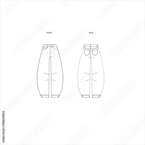 Barrel Leg Jeans technical fashion illustration. Denim Pants fashion flat technical drawing template, front and back view