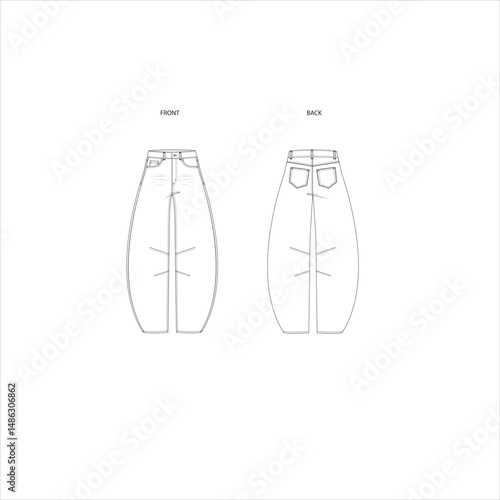 Barrel Leg Jeans Technical Fashion Illustration – Unisex Denim Pants Flat CAD Drawing Template, Front & Back Views