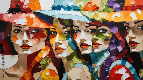 Colorful Portrait Painting of Women with Hats - Expressionist Art - Palette Knife Texture - Vibrant Colors - Modern Art - Female Figures - Art Collectors-Statement Piece