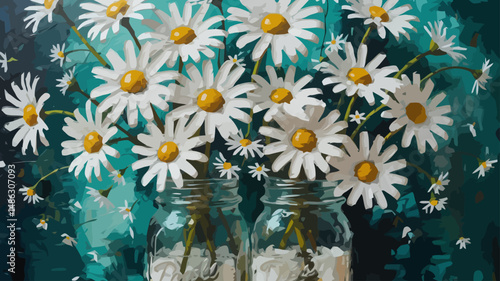 Daisies in Mason Jars Painting-A Beautiful Floral Still Life with Rustic Charm-Enjoy the Brightness and Simplicity of these Cheerful White Flowers-Artwork for Home Decor