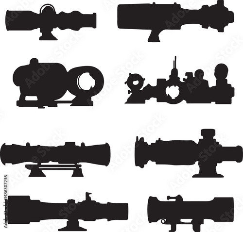 Silhouettes of Various Rifle Scopes and Sights in Black and White
