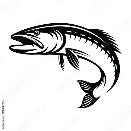 Fish Leaping Silhouette. Isolated jumping fish with mouth open. Black and White design
