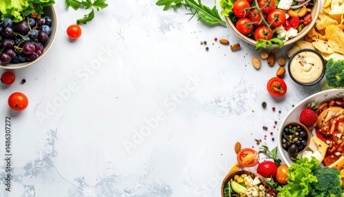 Fresh foods in bowls arranged around a bright, airy, grey textured background with ample copy space