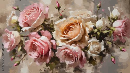 Elegant Rose Painting - Floral Art Print - Vintage Style Bouquet - Pink and Cream Roses - Romantic Wall Decor - Fine Art Reproduction