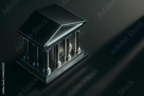 Dark stylized bank building on black pedestal with glowing lines representing digital institutional finance for high-end visualizations in crypto banking security UI identity and